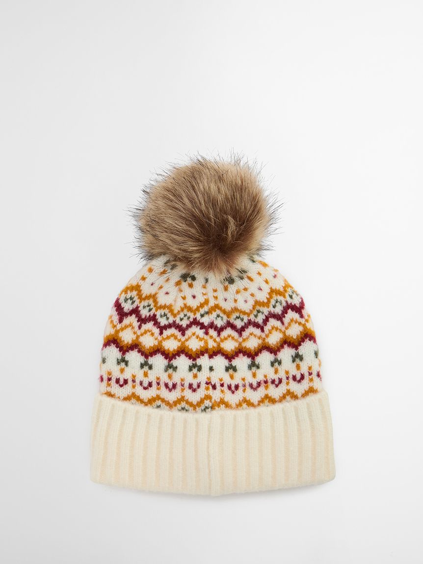 COACH ニット帽 ホワイト/ラベンダー フェア アイル プリント ビーニー