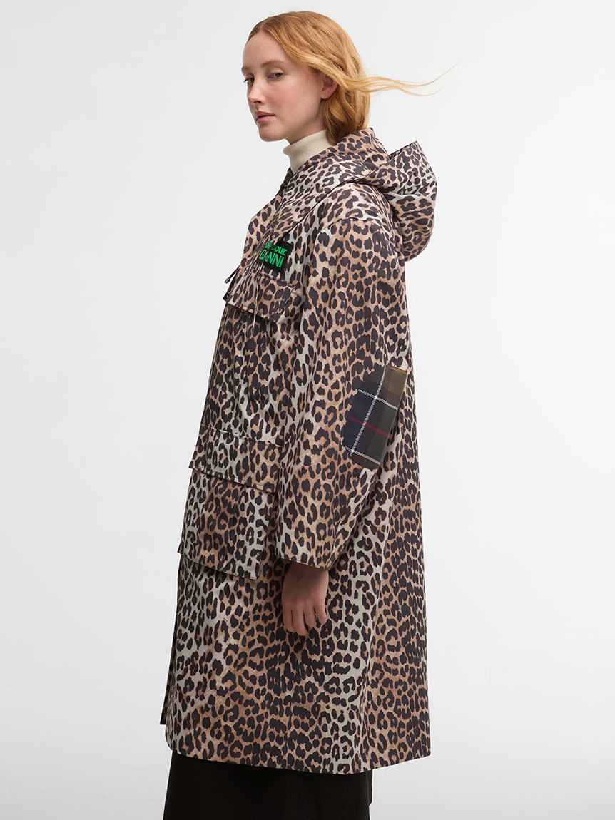 a2003【レイアン】本革 ロングコート レオパード LL フレア スペイン製 Barbour × GANNI》2WAY レオパード パーカー コート｜ワックス