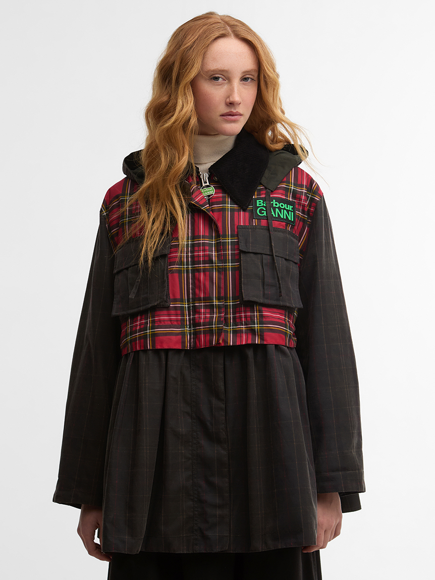 Barbour × GANNI》2WAYタータン ペプラム ワックスジャケット