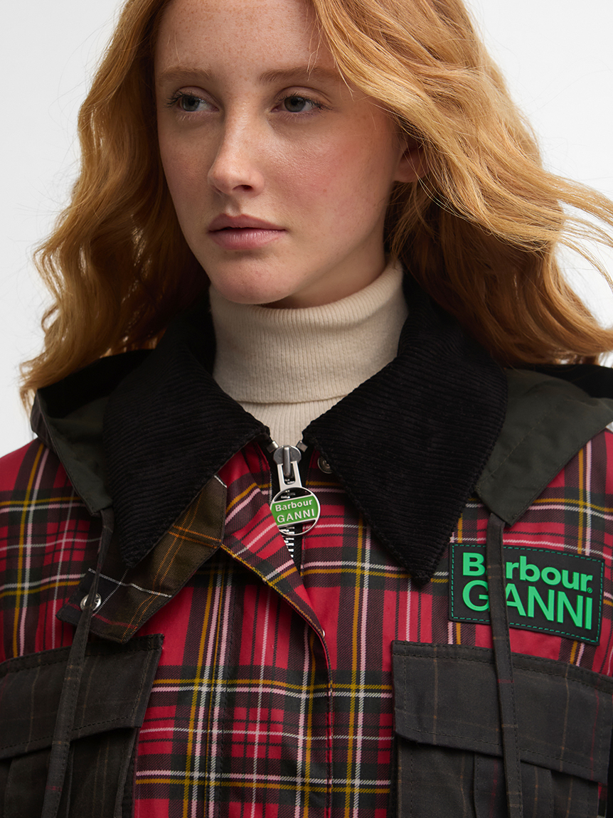 Barbour × GANNI》2WAYタータン ペプラム ワックスジャケット