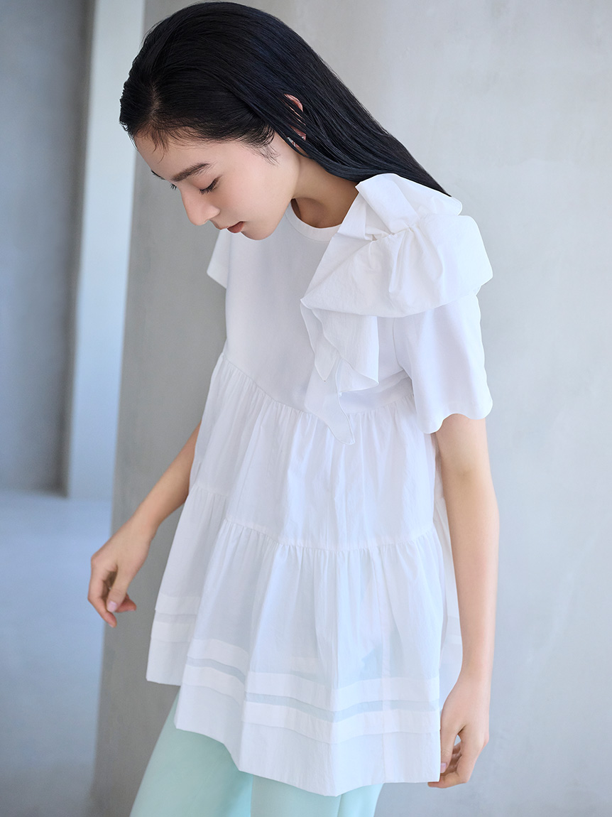 洗える】ショルダーフリルチュニックカットソー(カットソー)｜TOPS