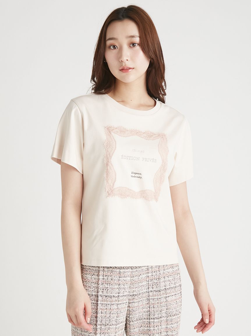 セルフォード　ホワイト Tシャツ トップスレース　半袖 洗える】レースフレームTシャツ(カットソー)｜TOPS（トップス