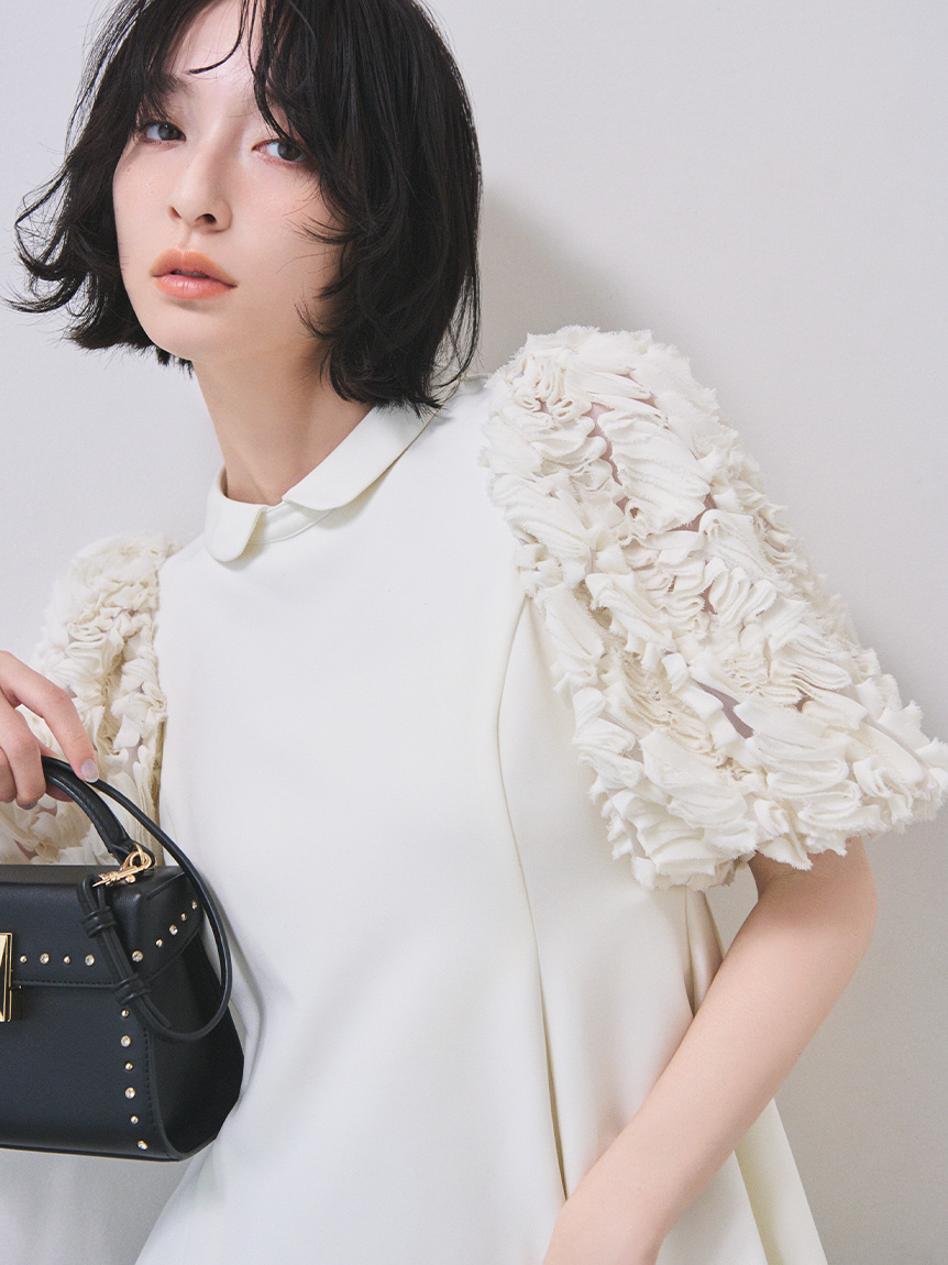 美品 セルフォード パフショルダー チュニック ブラウス チェック S 白 黒 美品 セルフォード パフショルダー チュニック ブラウス