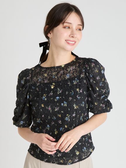 CELFORD ブラック フリルスリーブ トップス ピグメントフラワーブラウス(ブラウス・シャツ)｜TOPS（トップス