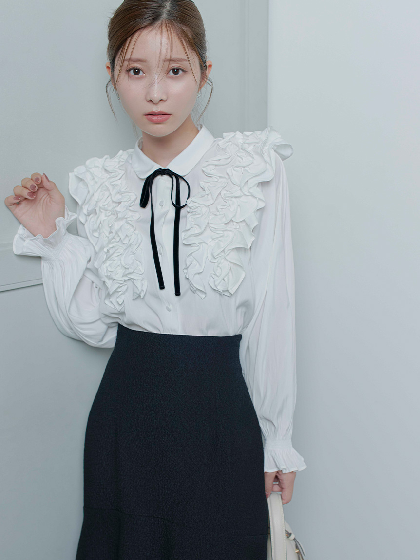 ウォッシャブル】フリルヨークシャツカラーブラウス(ブラウス