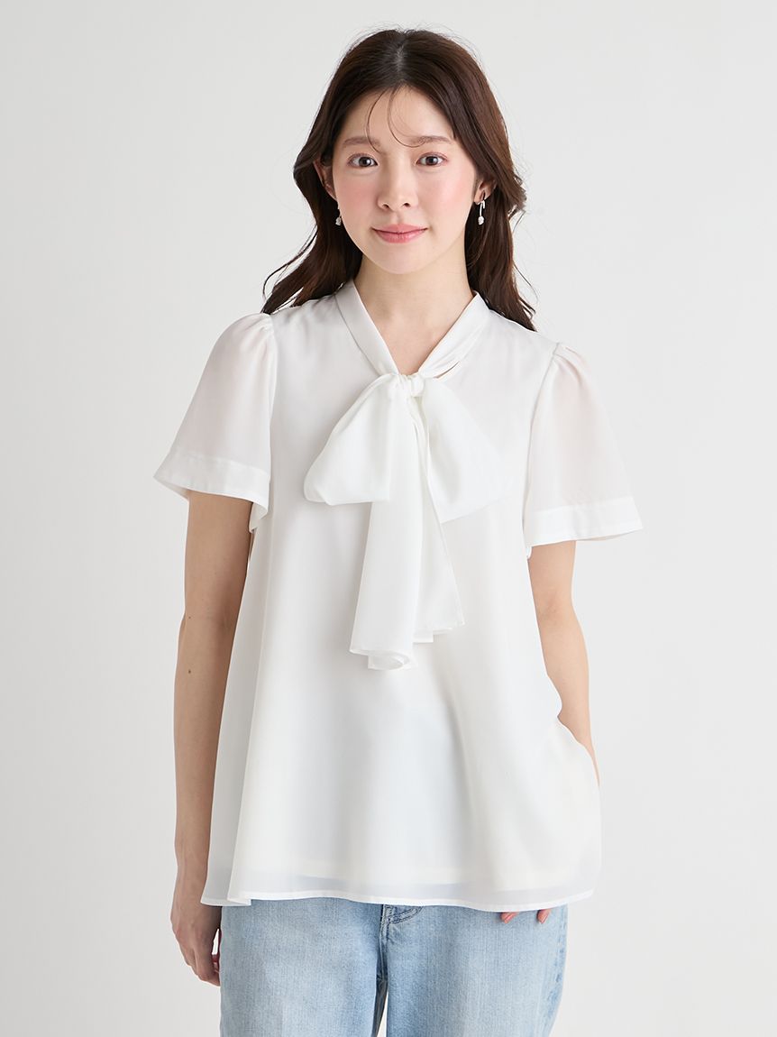洗える】ボウタイリボンハーフスリーブブラウス(ブラウス・シャツ