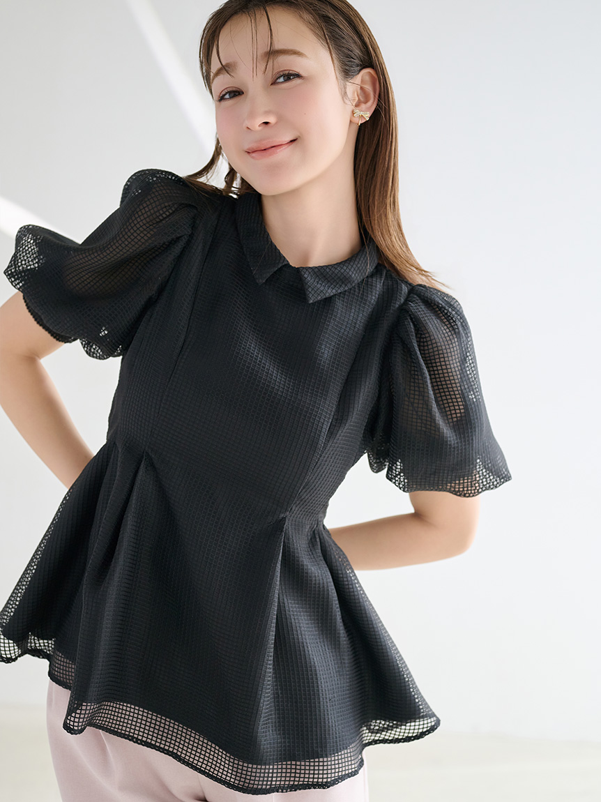 洗える】襟付きメッシュブラウス(ブラウス・シャツ)｜TOPS（トップス