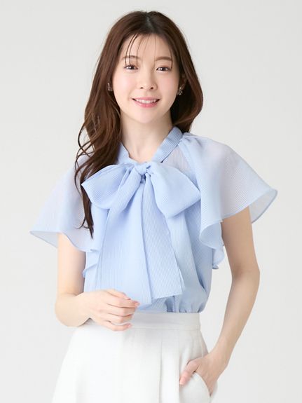 ウォッシャブル】【接触冷感】ビッグリボンフレアスリーブブラウス