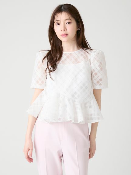 洗える】シアーチェックペプラムトップス(ブラウス・シャツ)｜TOPS