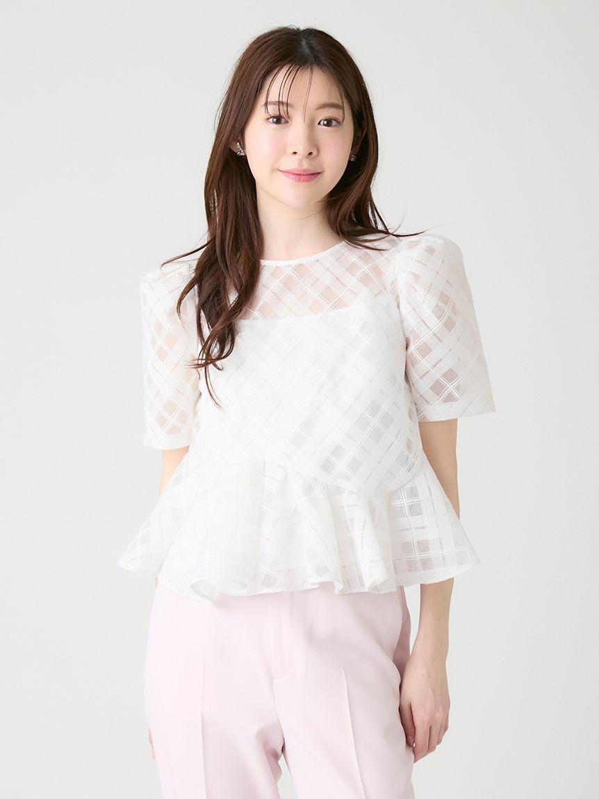 洗える】シアーチェックペプラムトップス(ブラウス・シャツ)｜TOPS