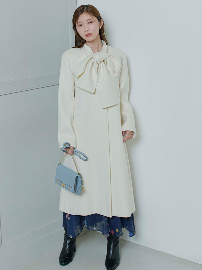 リボンストール付きノーカラーコート(コート)｜OUTER（アウター