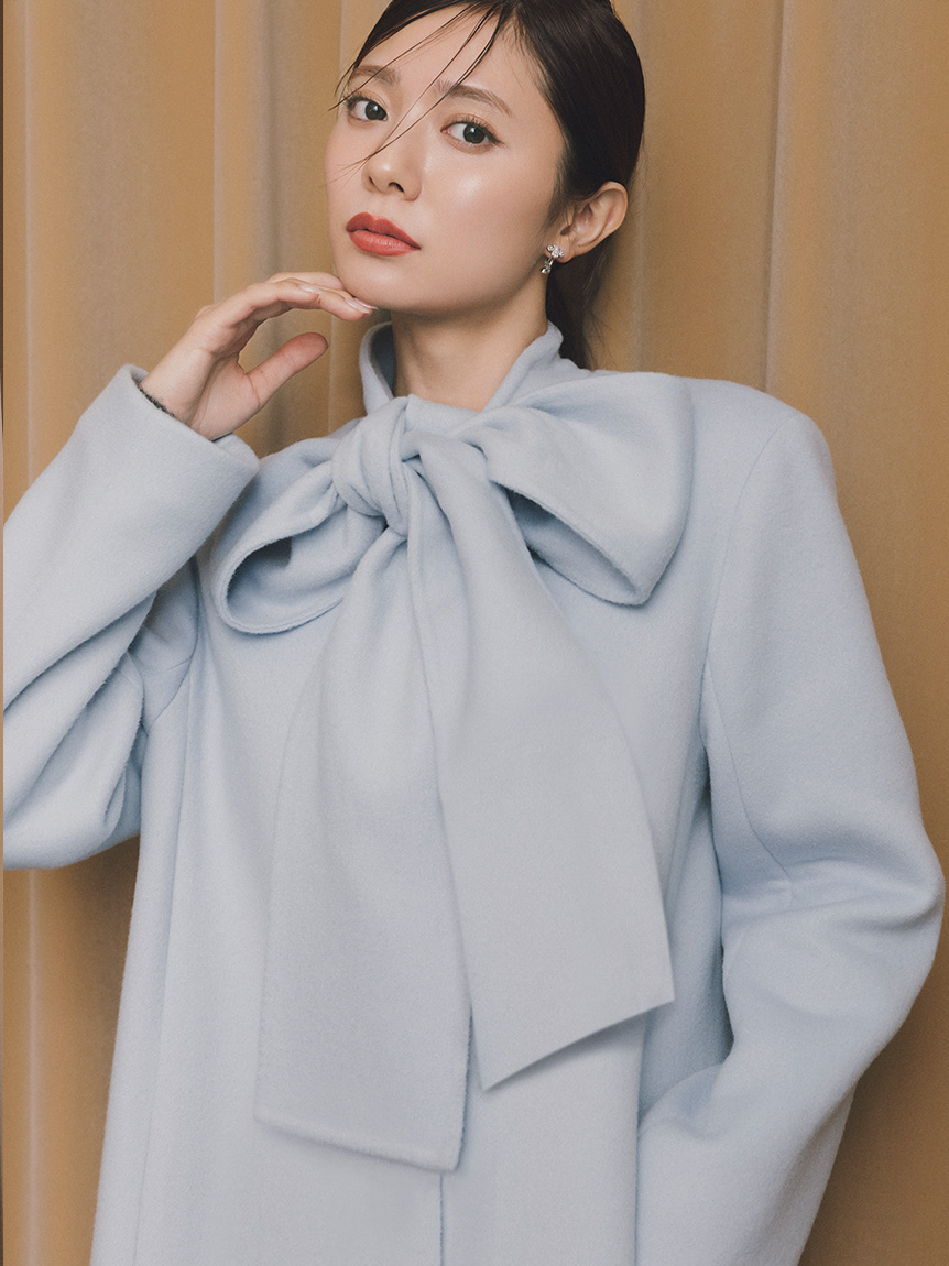 リボンストール付きノーカラーコート(コート)｜OUTER（アウター