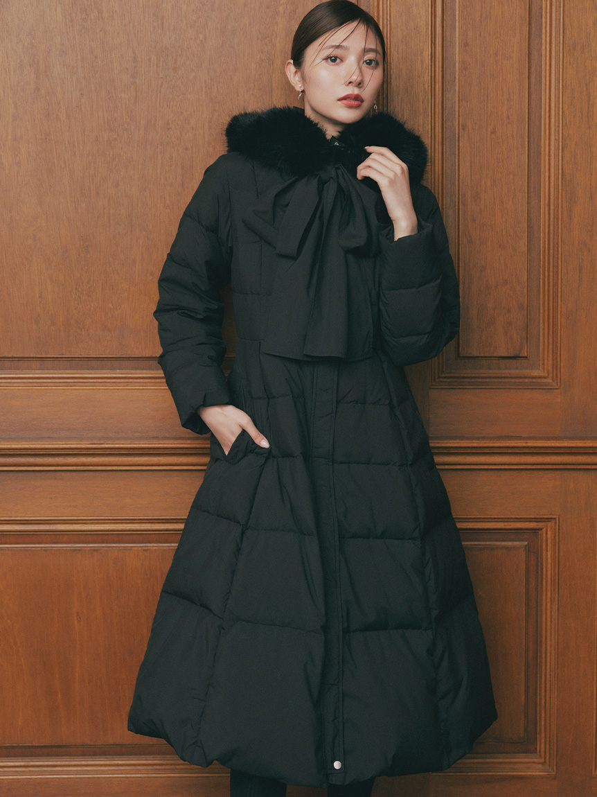 限定カラーあり】フードリボンロングダウンコート(コート