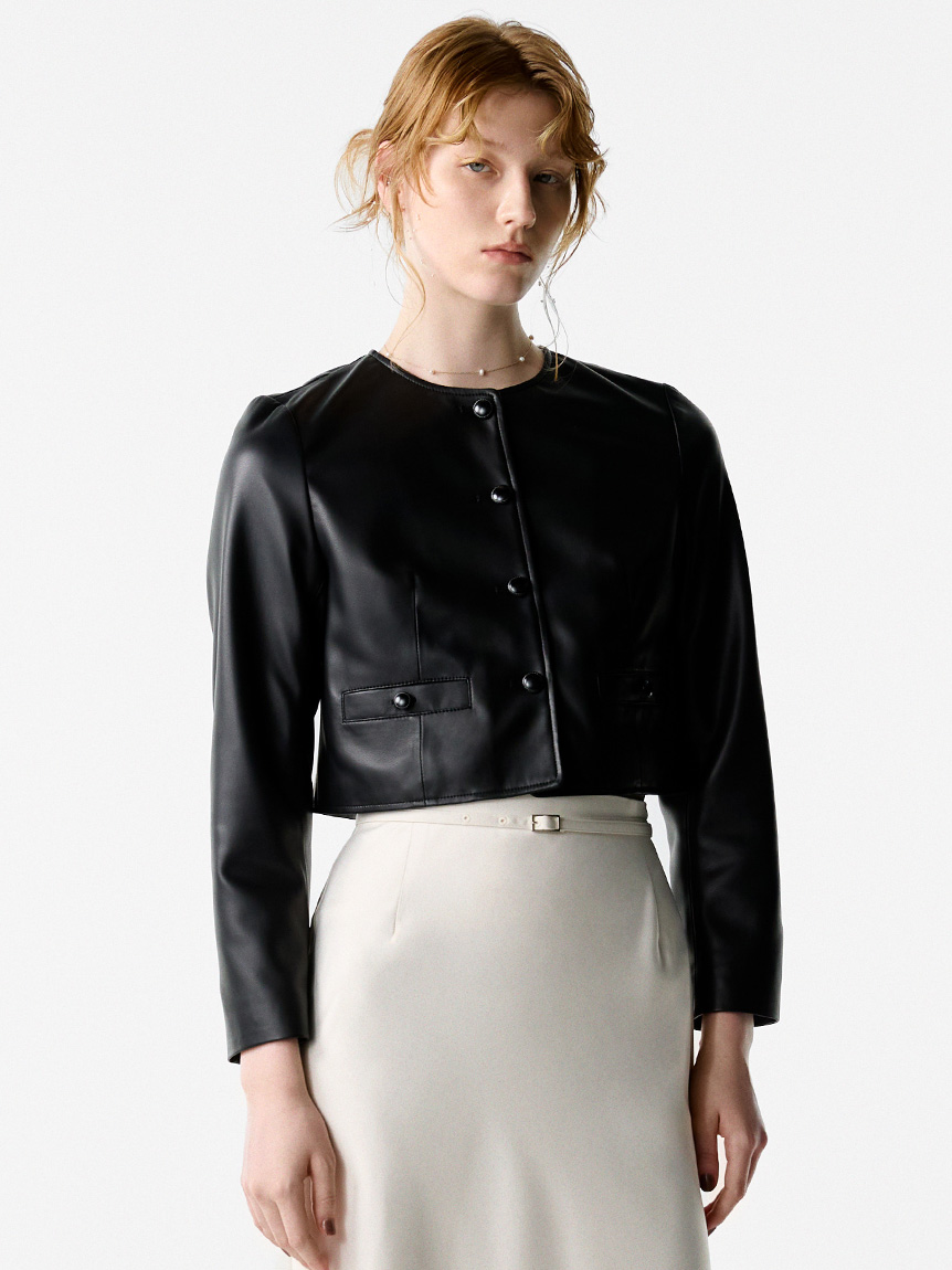 レザーライクノーカラージャケット(ジャケット・ブルゾン)｜OUTER