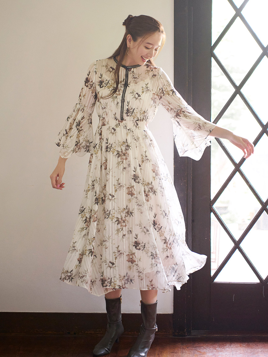 アートフラワープリント フレアワンピース フラワープリントフレアワンピース(デイリーワンピース)｜DRESS
