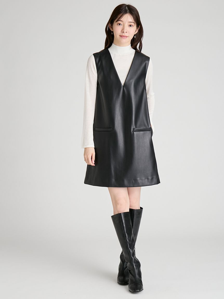 Vネックミニジャンパースカートセット(ニットワンピース)｜DRESS