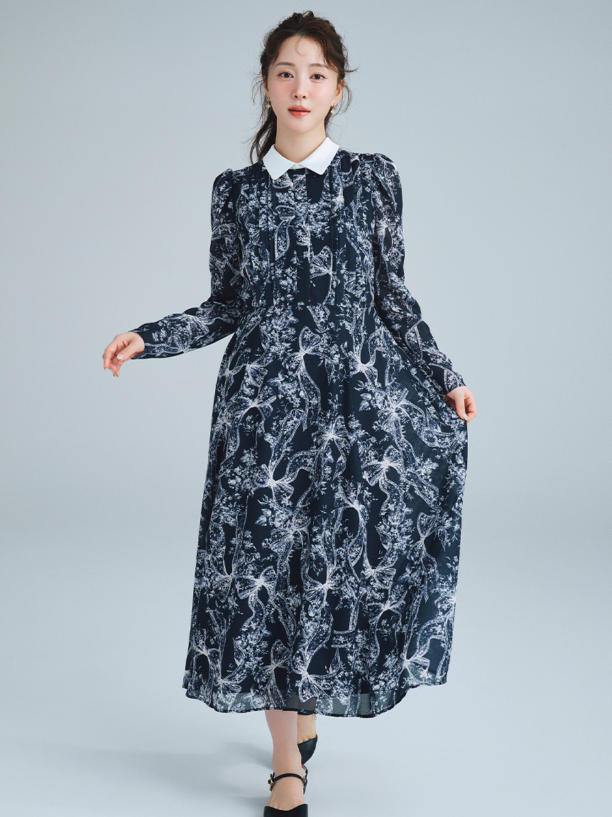 リボンブロッサムプリントワンピース(ロングワンピース)｜DRESS
