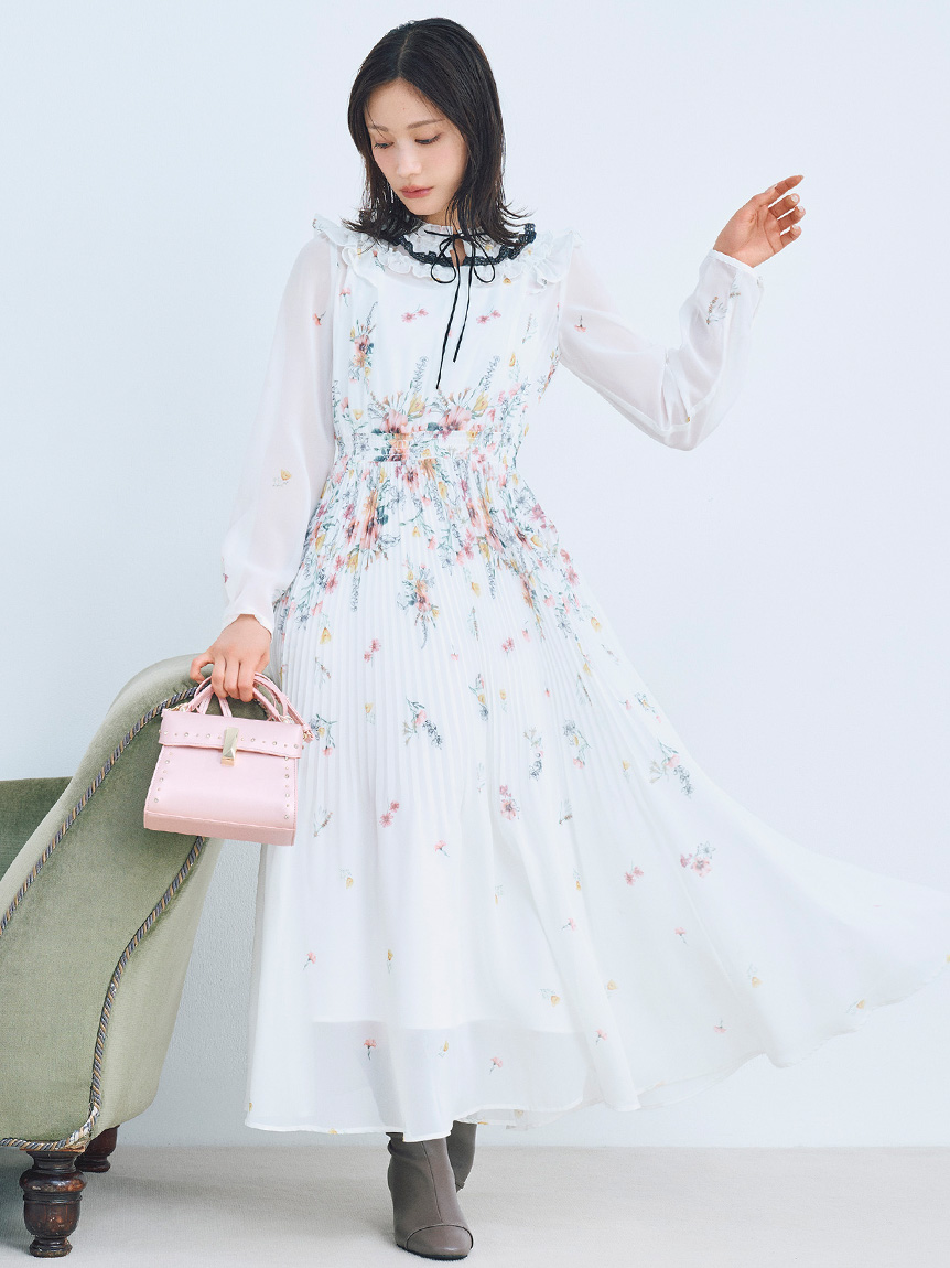 パネルフラワーレーストリムワンピース(ロングワンピース)｜DRESS