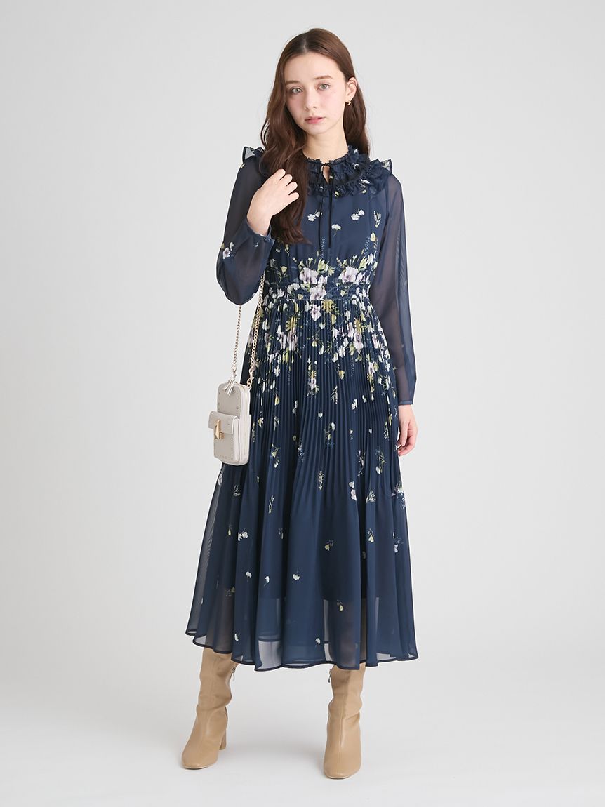 パネルフラワーレーストリムワンピース(ロングワンピース)｜DRESS