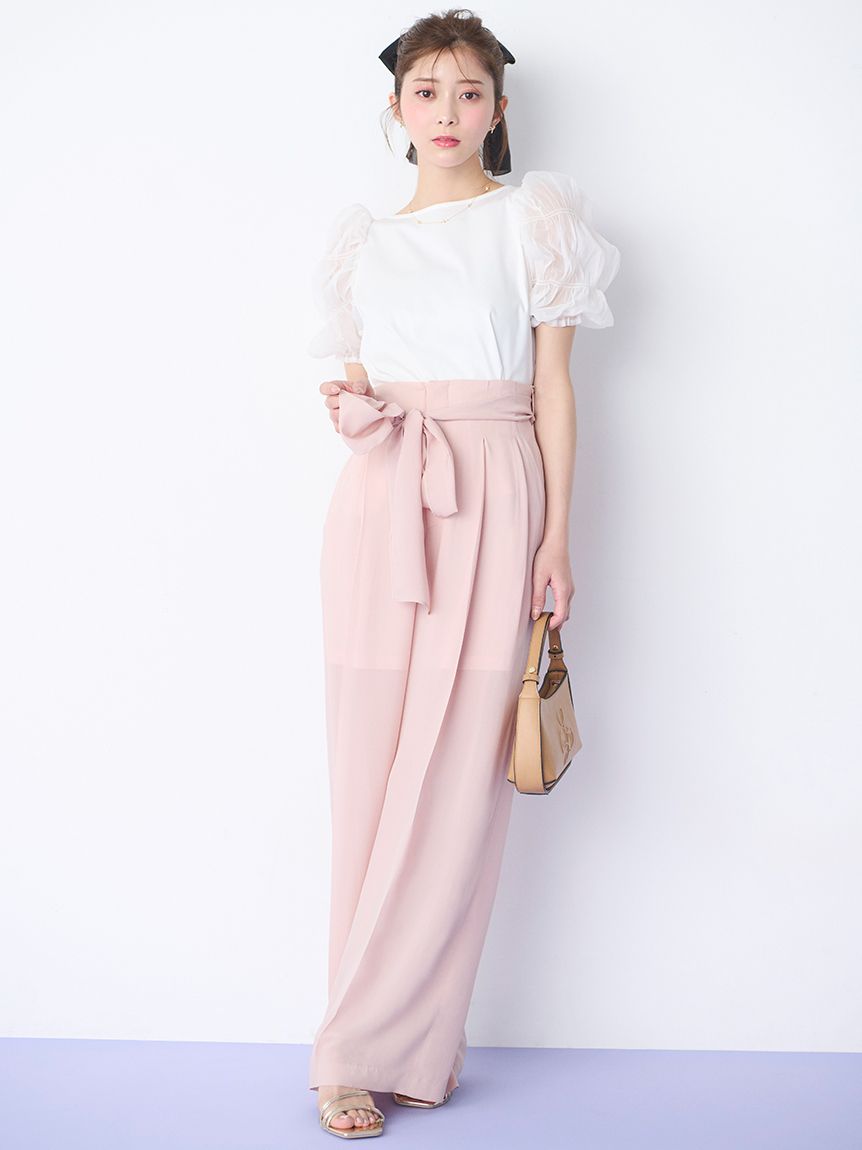 リボン付きシアーワイドパンツ(ロングパンツ)｜PANTS（パンツ