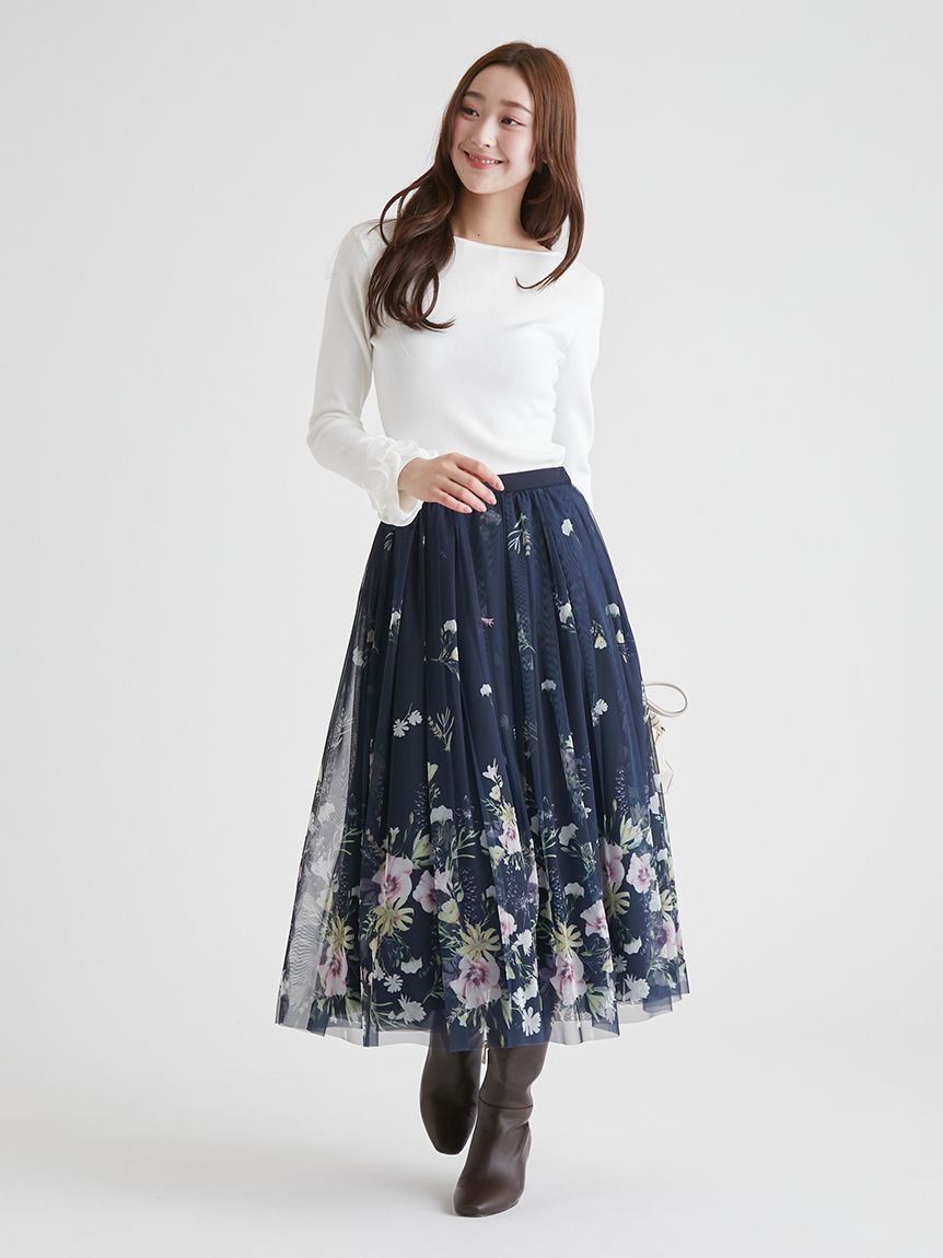パネルフラワープリントチュールスカート(ロングスカート)｜SKIRT