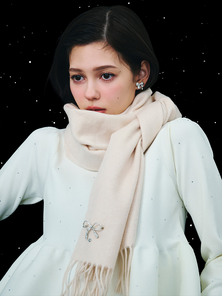 ビジューブローチ付きカシミヤ混ストール(ショール・ストール