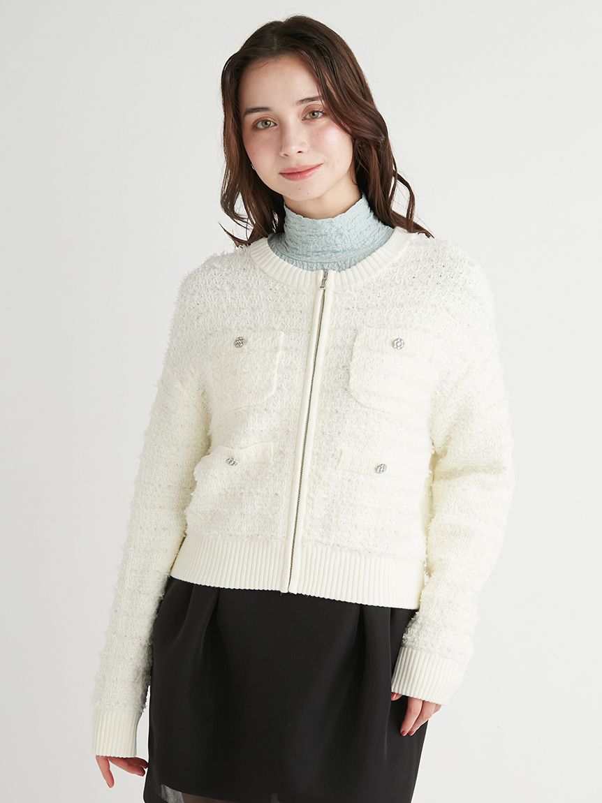 ツイードニットジップブルゾン(カーディガン)｜TOPS（トップス