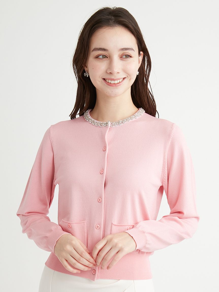 美品⭐️2025SS ⭐️CELFORD シルクブレンドビジューネックカーディガン シルクブレンドビジューネックカーディガン(カーディガン)｜TOPS