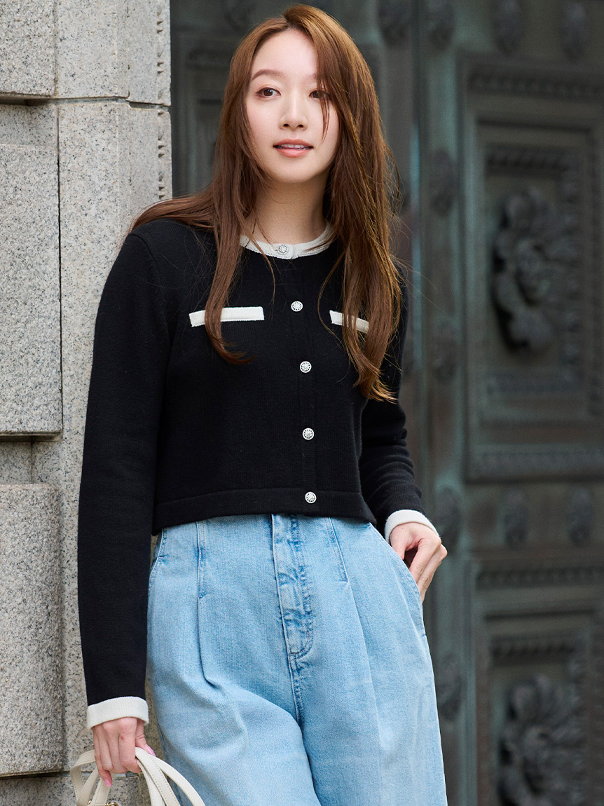 SUPER FINE MERINO WOOLビジュー釦カーディガン(ニットプル