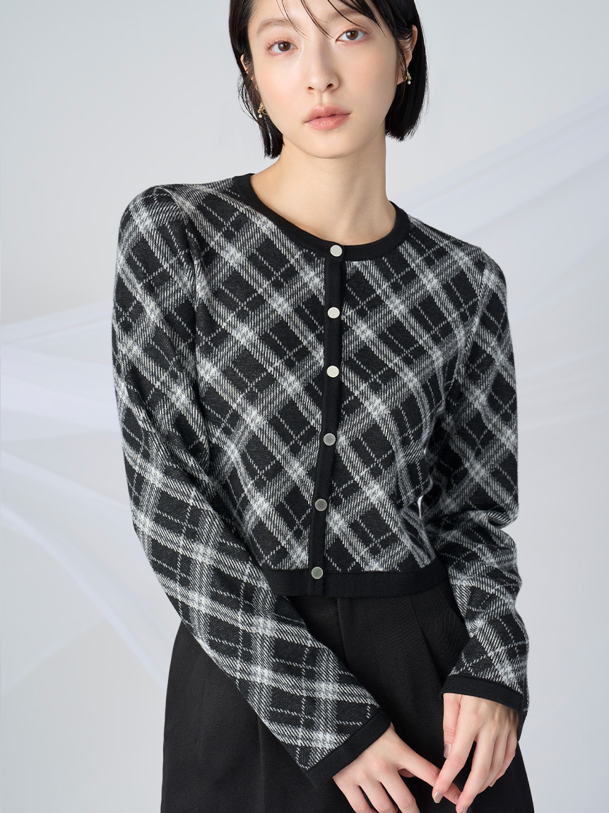 チェックジャカードカーディガン(ニットプルオーバー)｜TOPS