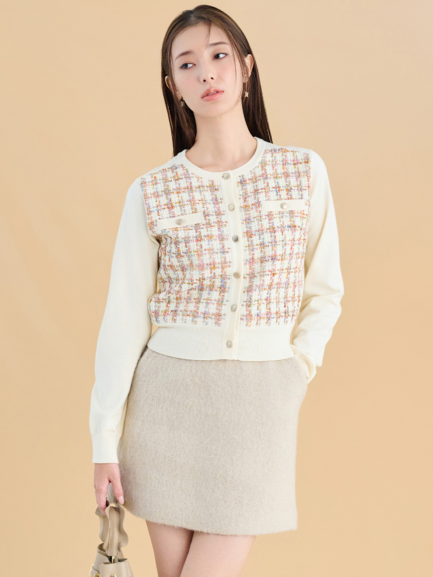 【新品タグ付】CELFORD ツイードドッキングニットカーディガン 36 ツィードドッキングニットカーディガン(カーディガン)｜TOPS