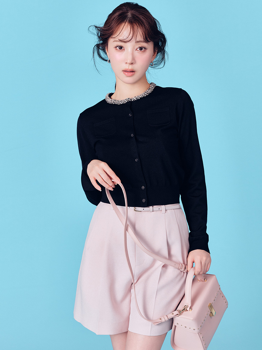 セルフォード　【UVカット】シルクブレンドビジューネックカーディガン UVカット】シルクブレンドビジューネックカーディガン(ニットプル