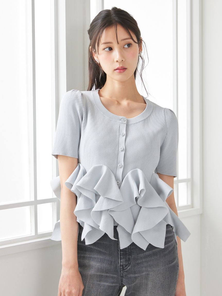 WEB・一部店舗限定カラー】ラッフルフリルペプラムニットカーディガン