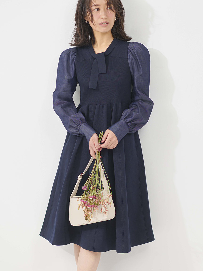 布帛ドッキングボウタイニットワンピース(ニットワンピース)｜DRESS