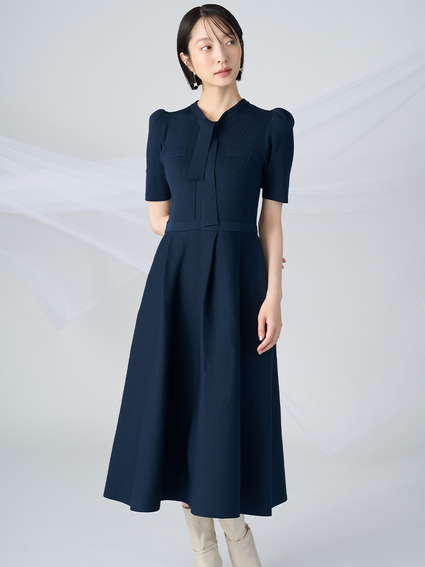 【完売品】美品　セルフォード ボウタイニットワンピース　ネイビー　38 セルフォード CELFORD ボウタイニットワンピース サイズ38