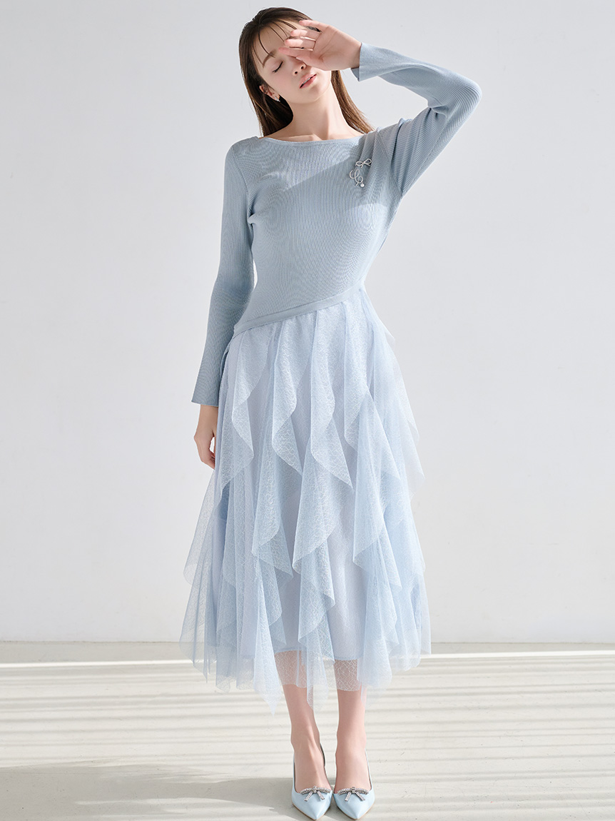 ラッフルスカートドッキングニットワンピ(デイリーワンピース)｜DRESS