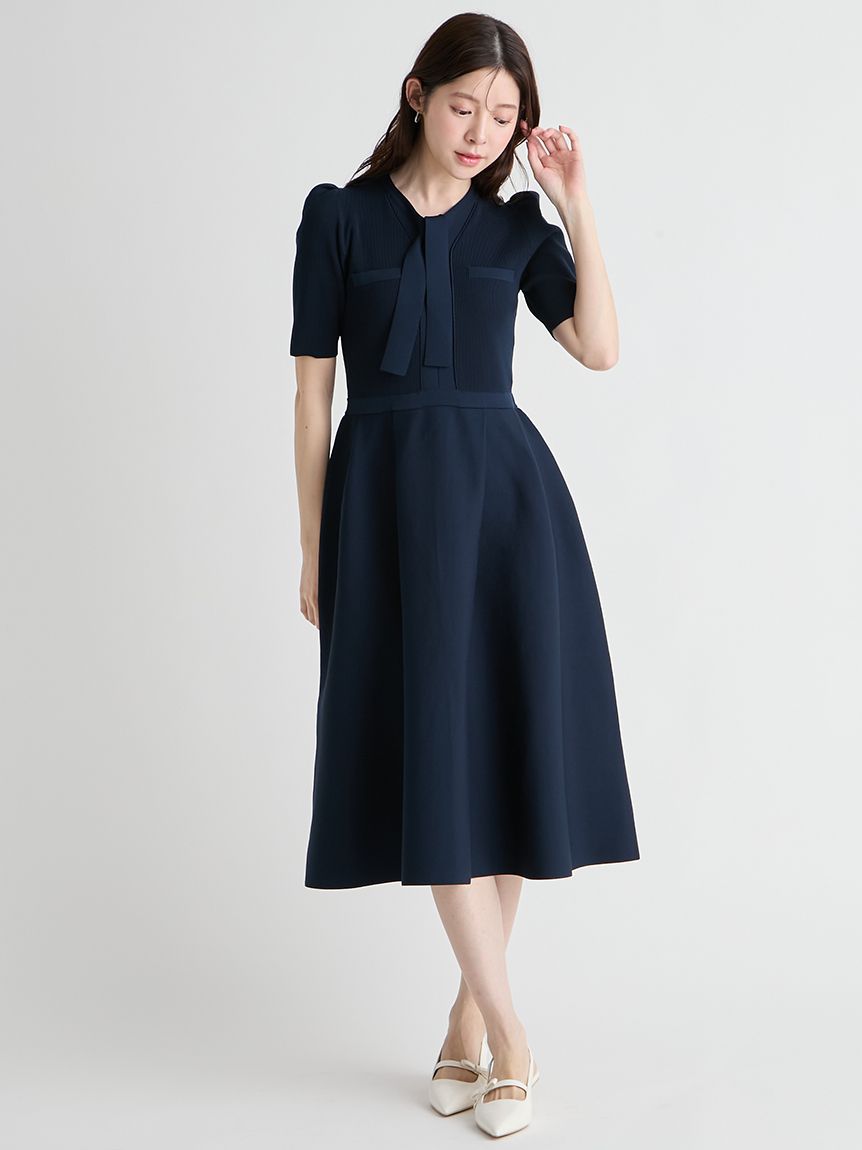 【美品】CELFORD セルフォード ボウタイニットワンピース 36 ネイビー 中古・古着通販】CELFORD (セルフォード) ボウタイニットワンピース