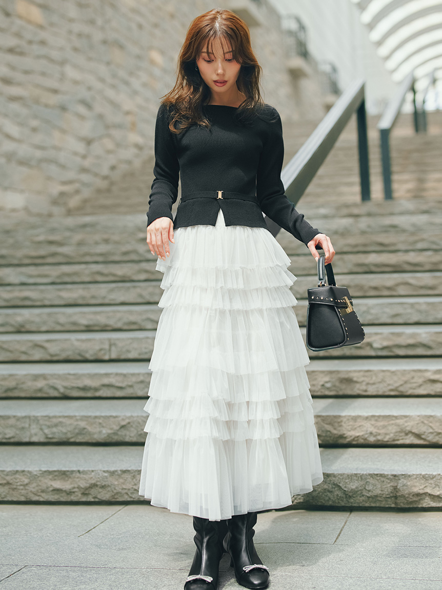 チュールティアードドッキングワンピース(ロングワンピース)｜DRESS