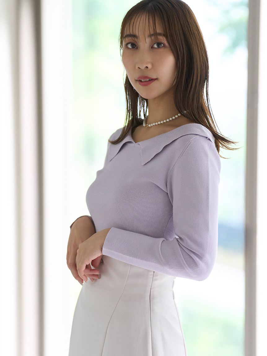 襟付きリブニットプルオーバー(ニットプルオーバー)|TOPS