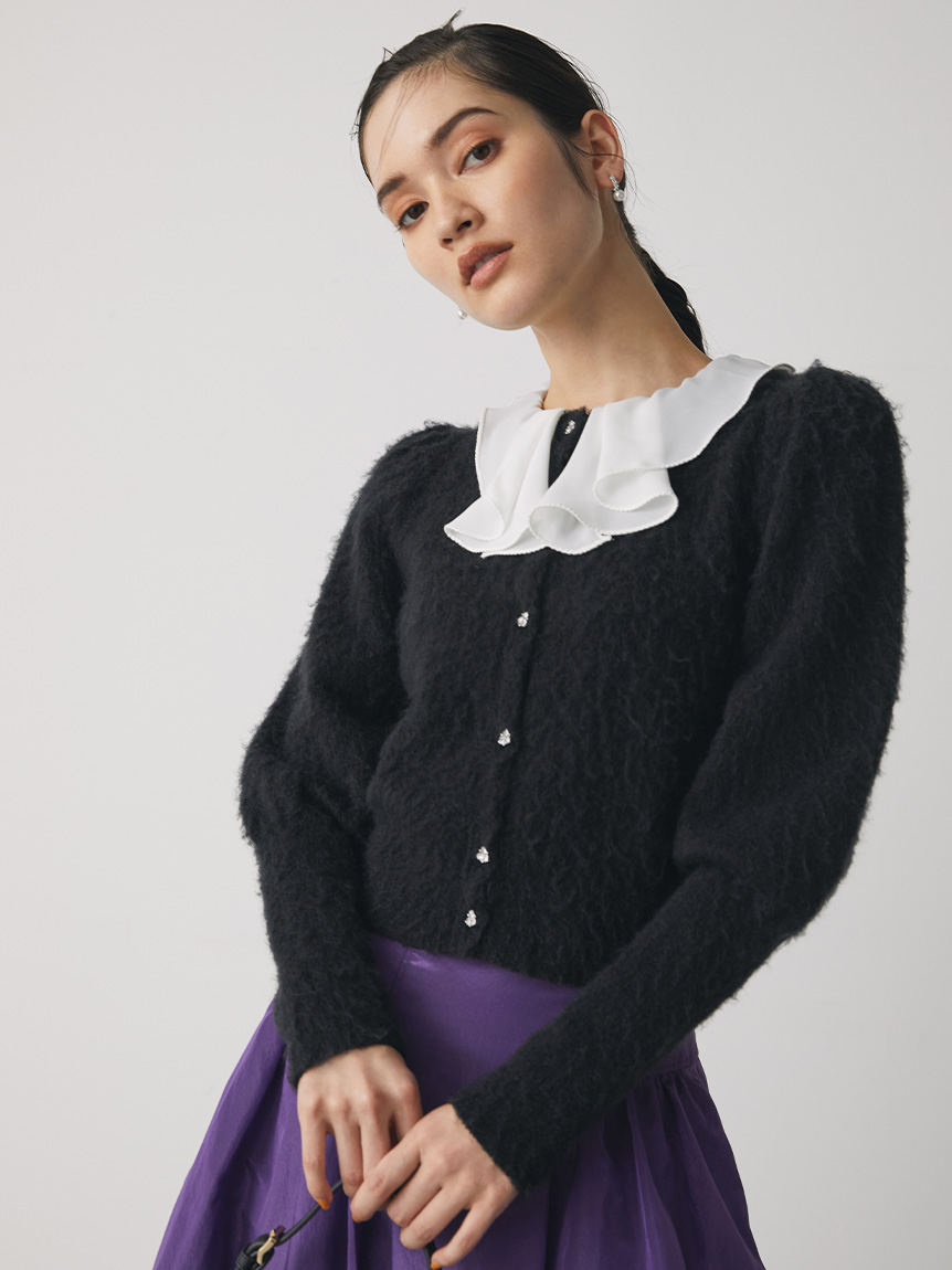 フリルカラー付きビジューカーデ(カーディガン)|TOPS(トップス