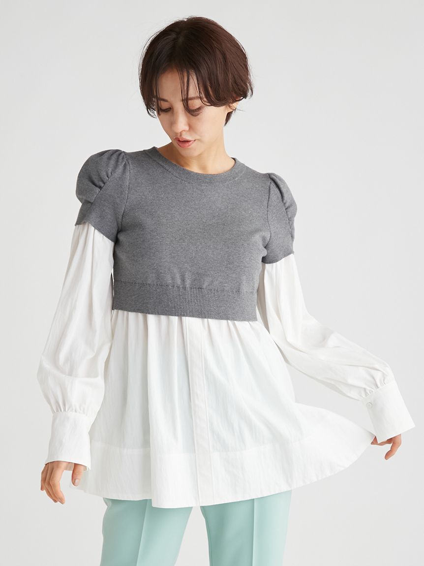 クロップドニットコンビプルオーバー(プルオーバー)｜TOPS（トップス