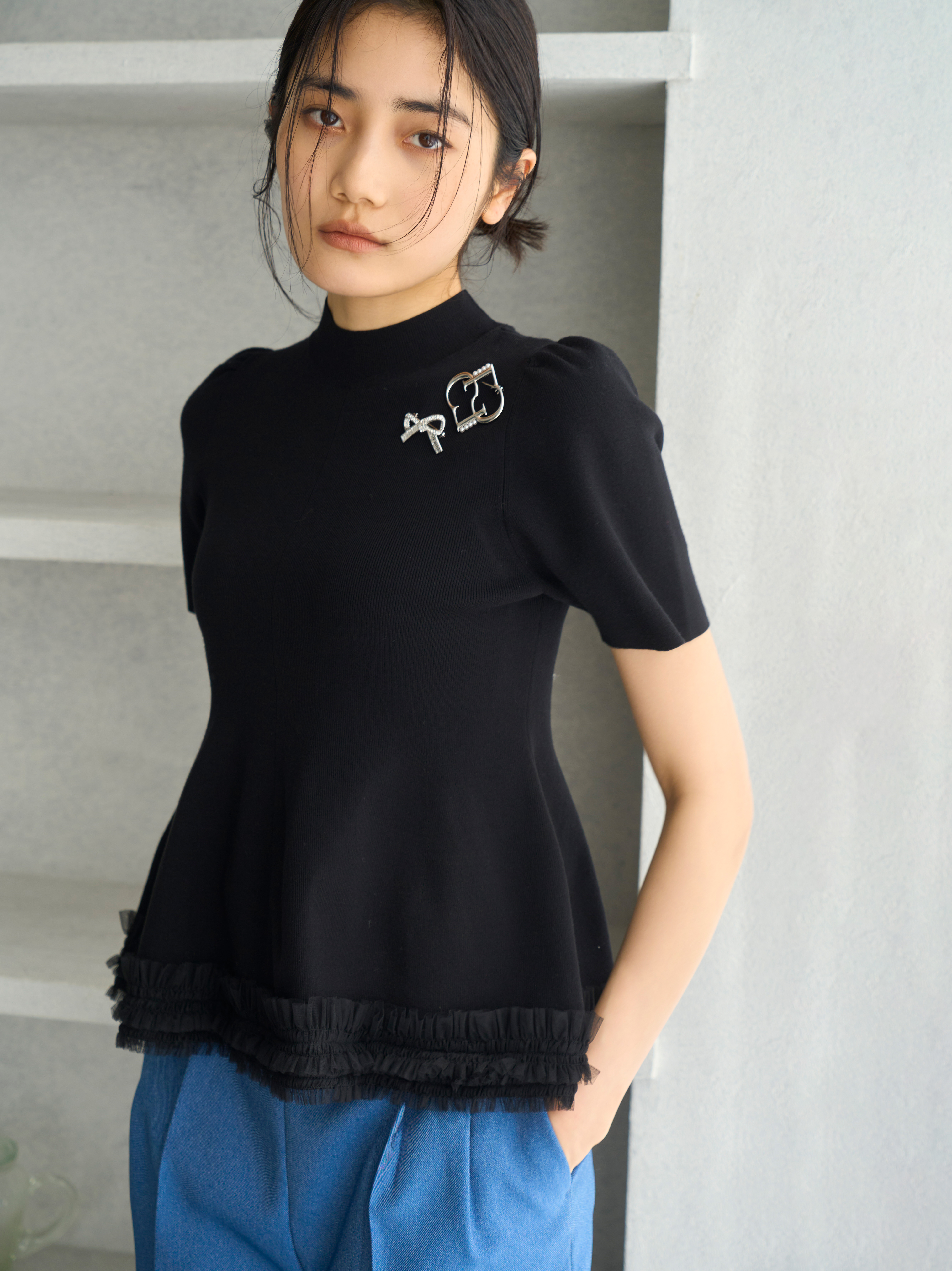 裾チュールペプラムニット(ニットプルオーバー)｜TOPS（トップス