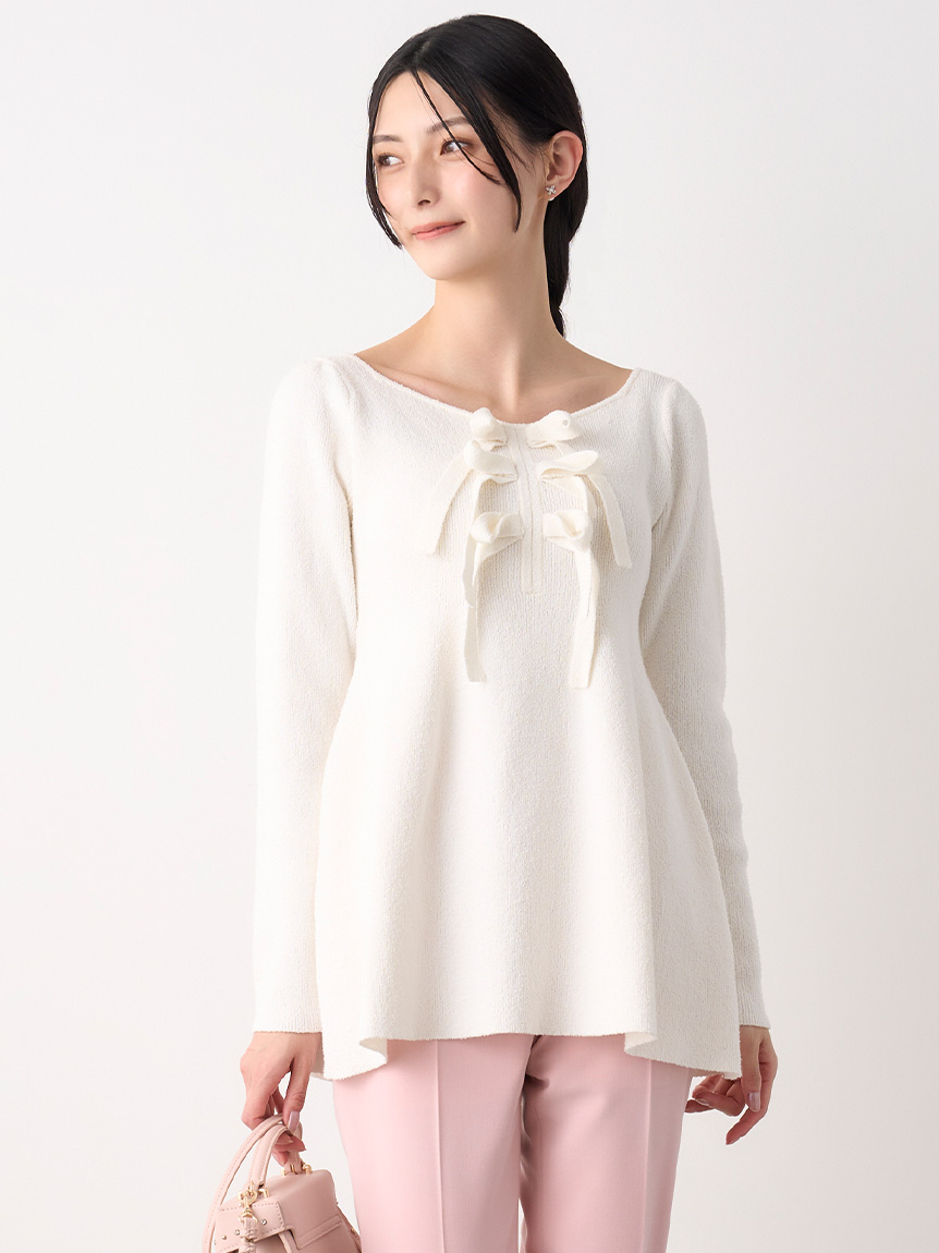 フロントリボンニットチュニック(ニットプルオーバー)｜TOPS