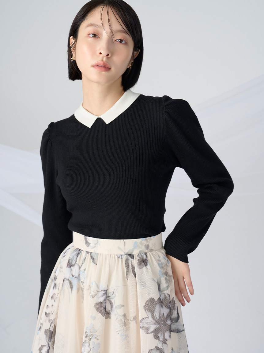 カシミア混襟付きニット(ニットプルオーバー)｜TOPS（トップス