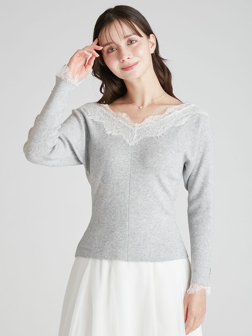 レーストリムリブニットプルオーバー(ニットプルオーバー)｜TOPS