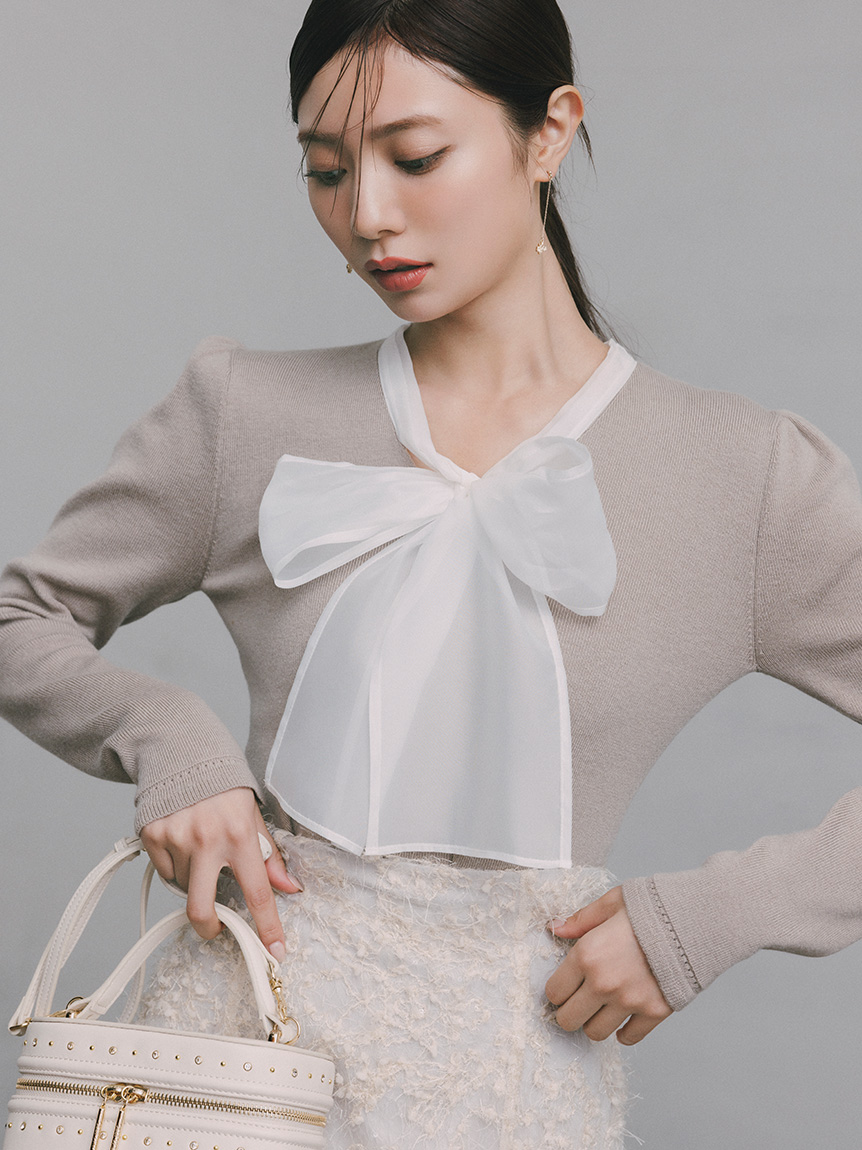 【ウォッシャブル】シルクブレンドボウタイニットプルオーバー