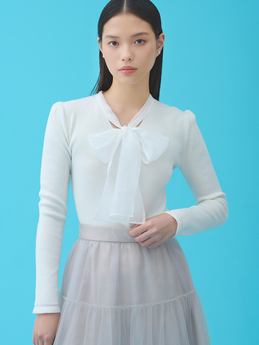 ウォッシャブル】シルクブレンドボウタイニットプルオーバー(ニット