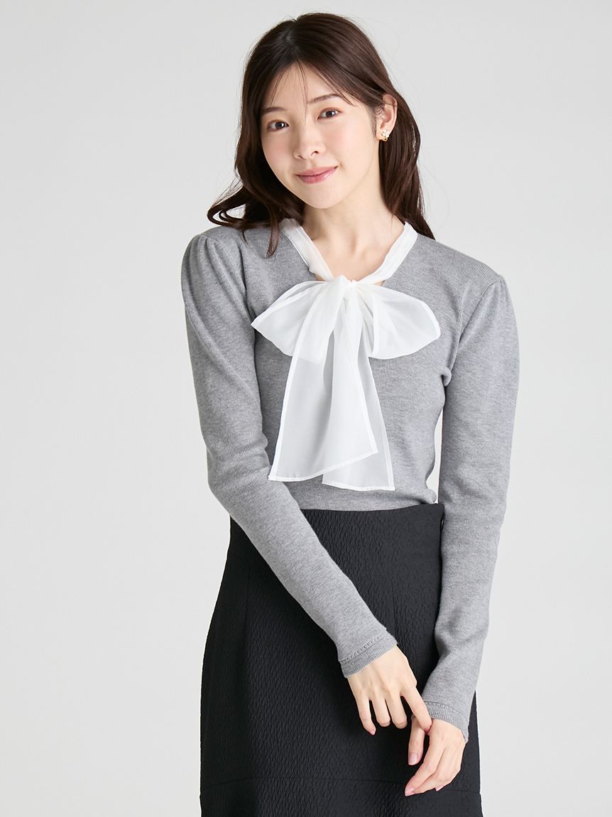 ウォッシャブル】シルクブレンドボウタイニットプルオーバー(ニット