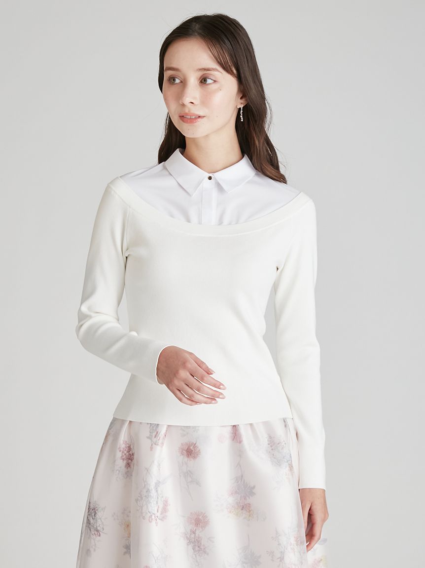 シャツレイヤードニットプルオーバー(ニットプルオーバー)｜TOPS