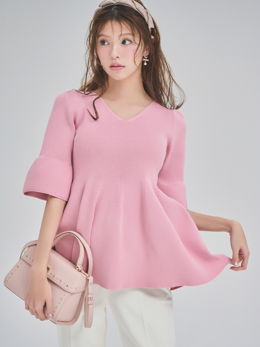 洗える】ベルスリーブペプラムニットプルオーバー(ニットプルオーバー